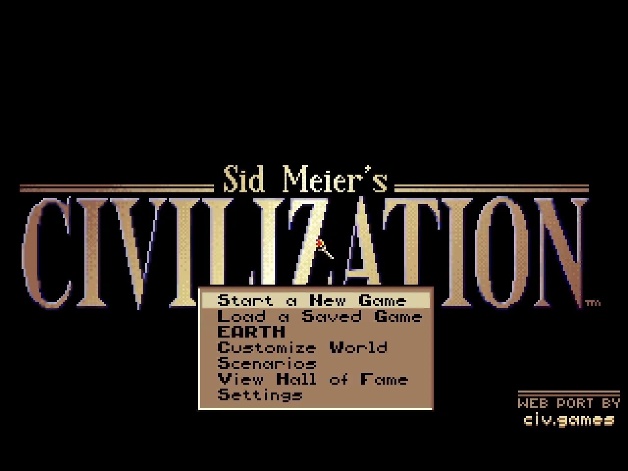 Main menu over the original title screen, with the civ.games web port credit