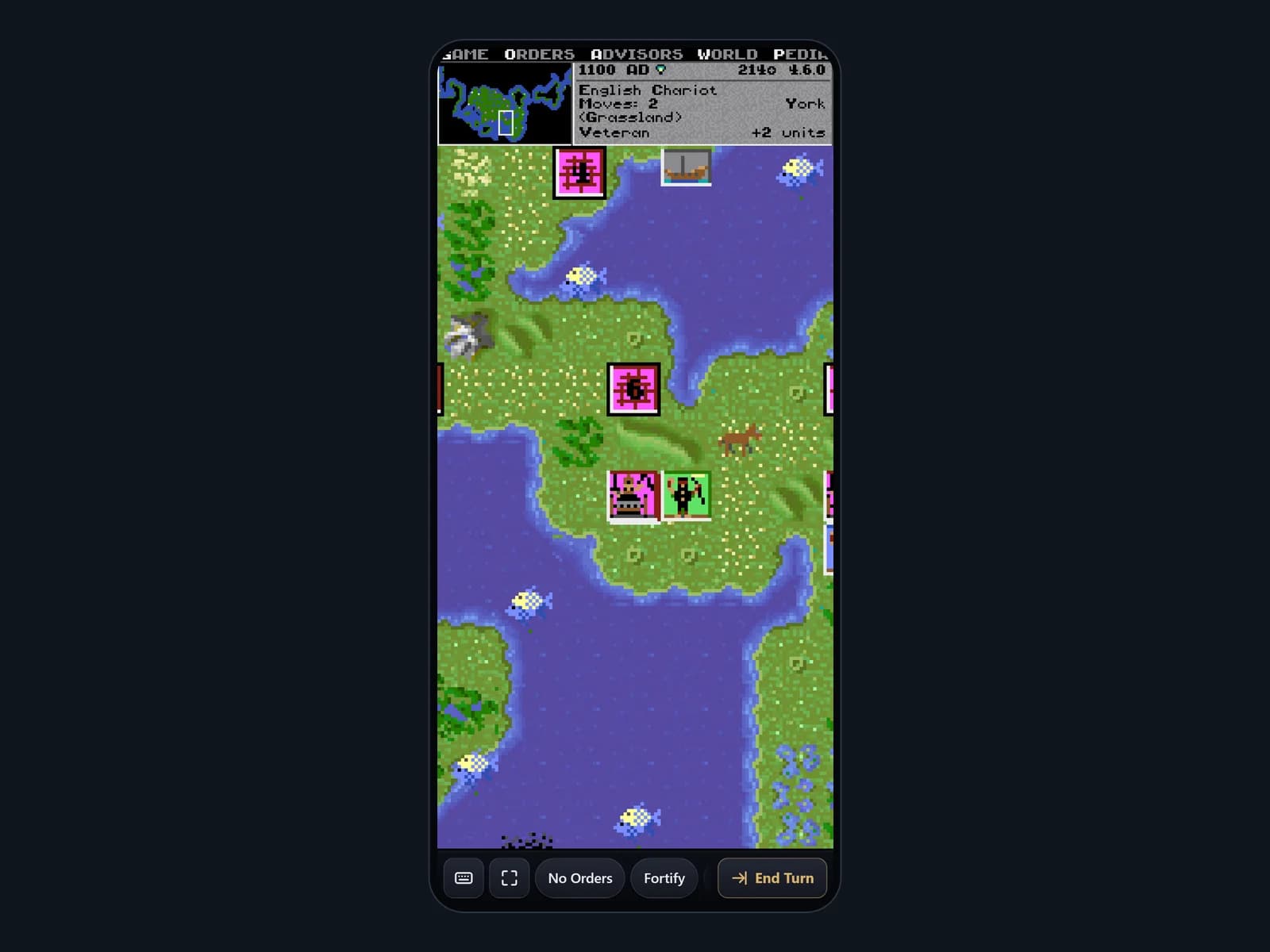 On a phone in portrait: compact layout with the touch order bar and End Turn